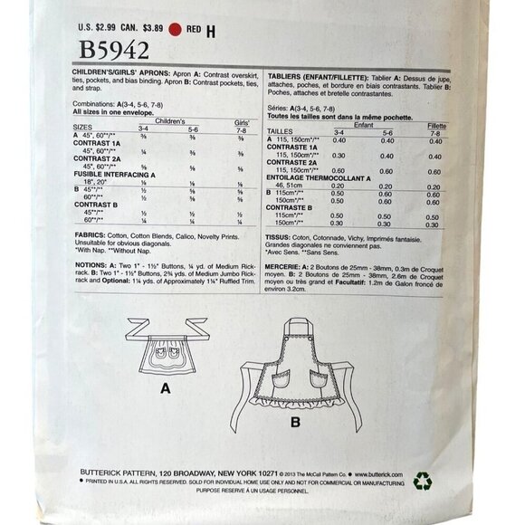 Butterick See and Sew Sewing Pattern 5942 Aprons - Picture 2 of 2